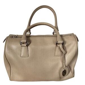 Classic Furla Bauletto Purse cream saffiano leather satchel or bowling bag look